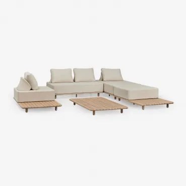 Woonkamerset Met Modulaire 3-delige Chaise Longue Bank, Bijzettafel, Fauteuil En Salontafel 160x95 Cm In Acaciahout Portet Lichte Acaciekleur - Sklum