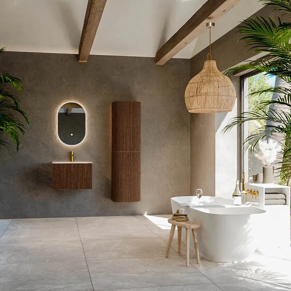 Mondiaz Kurve-dlux 60cm badmeubel walnut met 1 lade en wastafel cloud midden 1 kraangat ostra