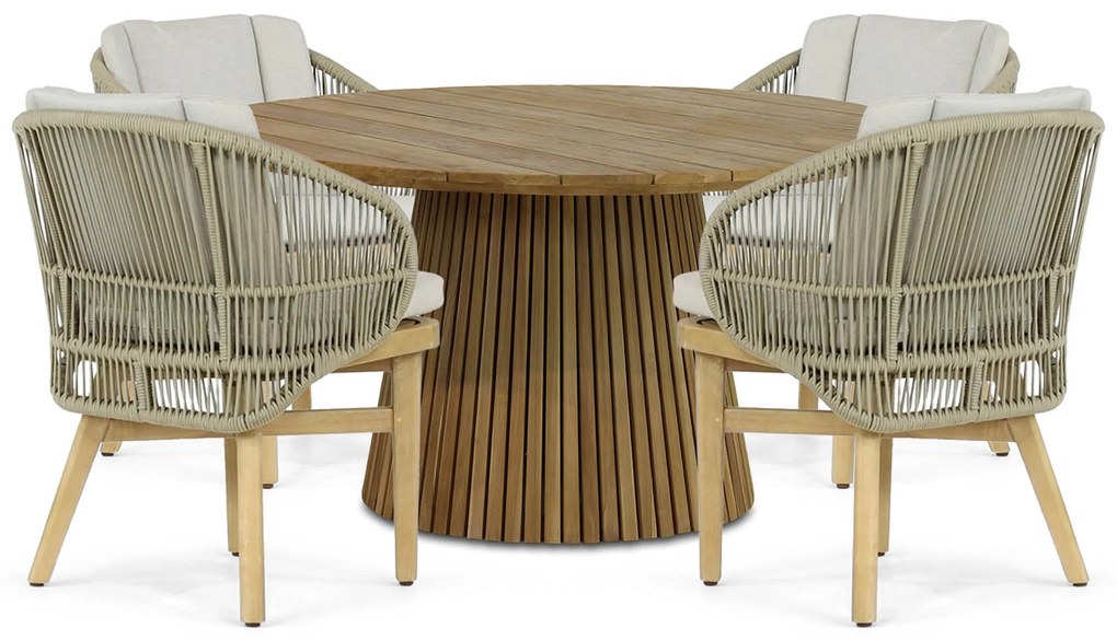 Tuinset Ronde Tuintafel 4 personen 140 cm Teakhout/rope Naturel teak Coco Almeria/Fungo