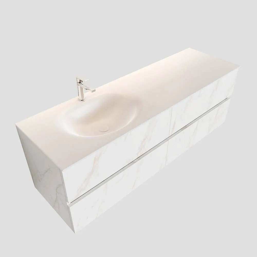 Zaro Sevilla Solid Surface badmeubel 150cm mat wit marmer 1 kraangat spoelbak links met 4 lades