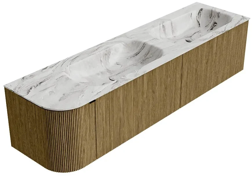 Mondiaz Kurve-dlux 175cm badmeubel ronding links dusk met 2 lades en 1 deur en wastafel stor small dubbel/rechts 2 kraangaten glace