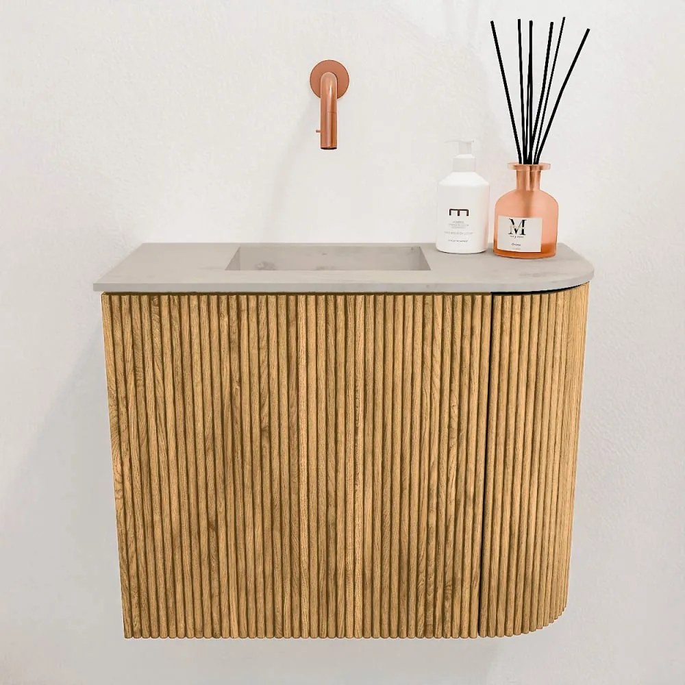 Mondiaz Joya DLux 50cm toiletmeubel ronding rechts oak met wastafel faye links zonder kraangat opalo