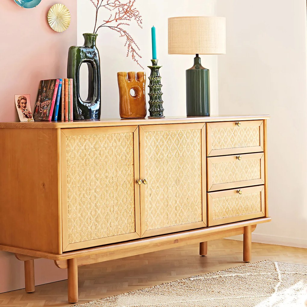 Tafellamp in keramiek en raffia, Rabano