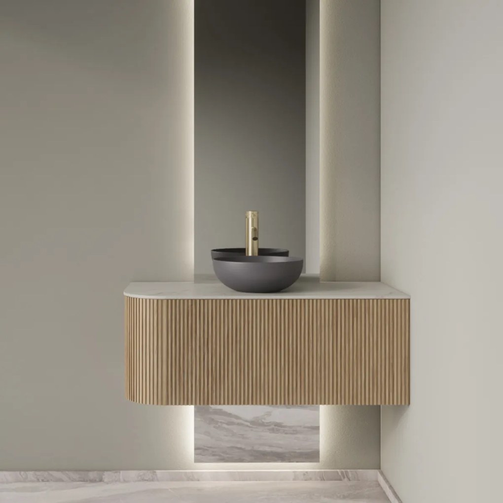 Gliss Design Alluro badmeubel ribbelfront met ronding links 100cm mist en wit marmer toppaneel