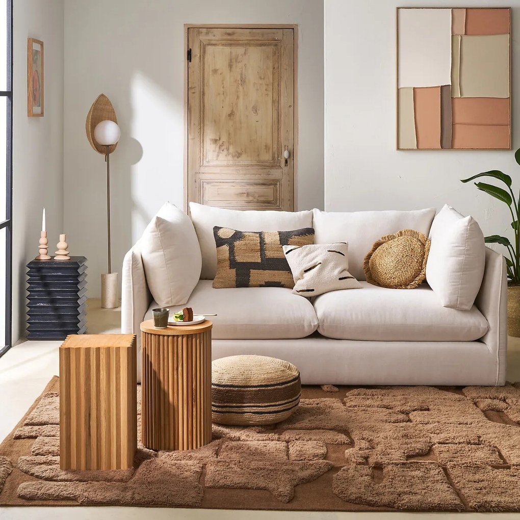 Vloerlamp van opaline, rotan en travertijn Javana