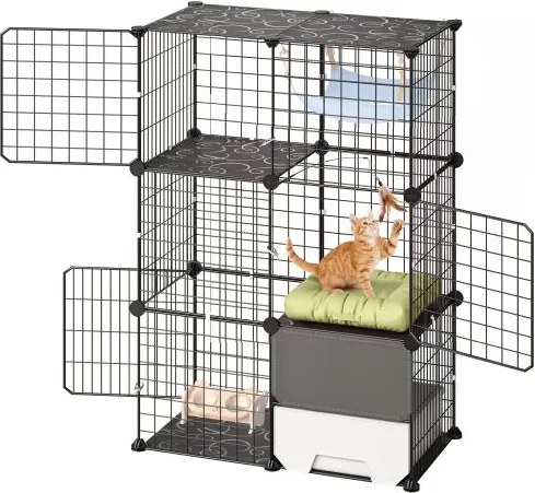 VEVOR Kattenkooi, 3-laags kattenren, 71,1 x 45,5 x 104,1 cm, doe-het-zelf kattenren met kattenbak, verwijderbare metalen draadkooi voor binnengebruik, ideaal voor 1-2 katten en kleine dieren, zwart