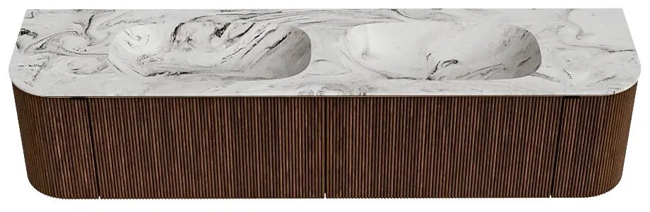 Mondiaz Kurve-dlux 190cm badmeubel ronding links/rechts walnut met 2 lades en deuren en wastafel stor small dubbel 2 kraangaten glace