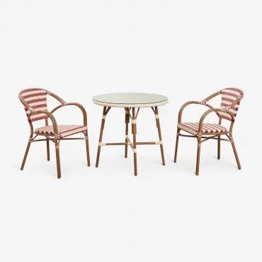 Ronde Tafelset Ø80 Cm Brielle Bistro En 2 Stoelen Met Armleuningen In Synthetisch Riet En Aluminium Solange Bistro Beige – Crème - - Sklum