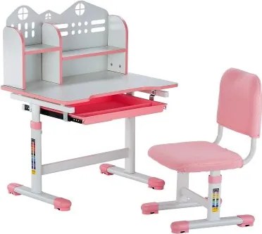 VEVOR Bureauset Kinderbureau Werktafel en stoel Hoogteverstelbaar (53-71 cm) Draagvermogen (100 kg) met boekenplank en lades voor Slaapkamer Studeerkamer School Roze