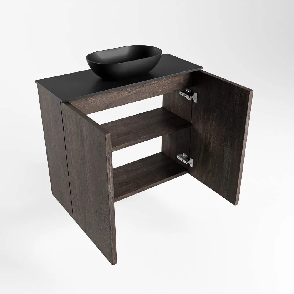 Mondiaz Fowy toiletmeubel 60cm dark brown met zwarte waskom midden en kraangat