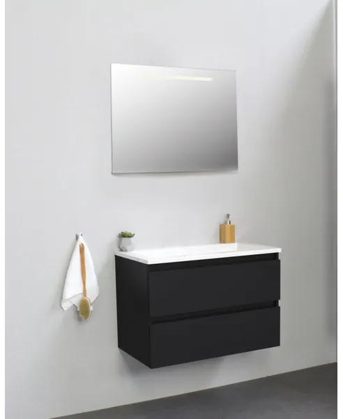 Adema Bella badmeubel met acryl wastafel zonder kraangat met spiegel met licht 80x55x46cm Zwart mat SWGA80MZA0SPIL