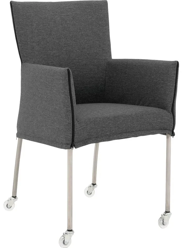 Goossens Eetkamerstoel Funk RVS Poten donkergrijs stof met armleuning en met wielenTransparant skater wiel met rvs kap, modern design
