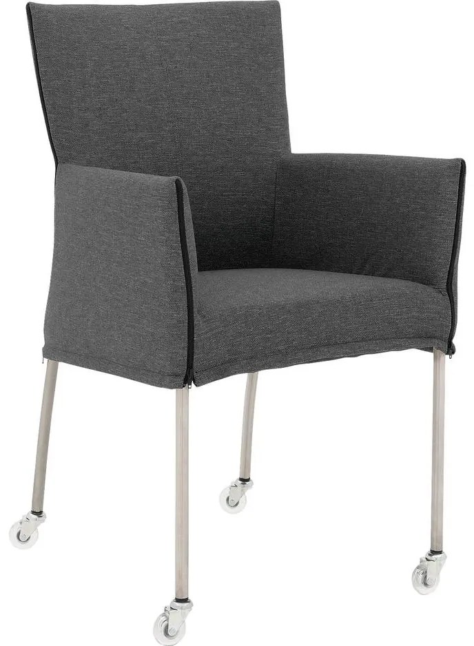 Goossens Eetkamerstoel Funk RVS Poten donkergrijs stof met armleuning en Transparant skater wiel met rvs kapmet wielen, modern design
