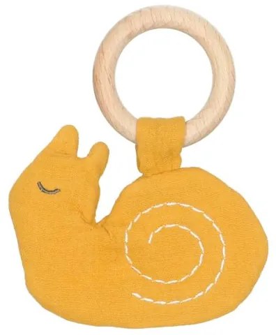Houten ring met knisperdoekje, slak, geel