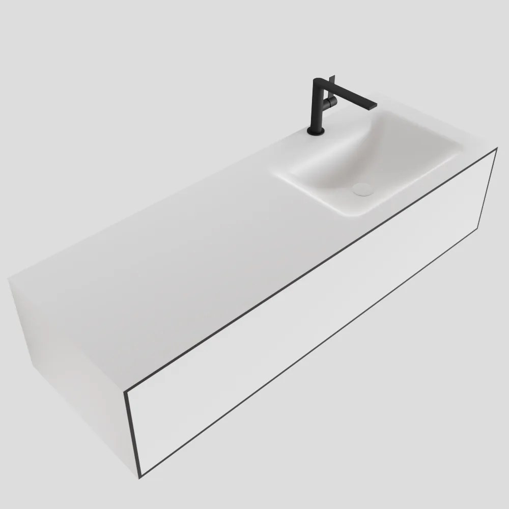 Zaro Lagom volledig naadloos solid surface onderkast 130cm mat zwart met 1 lade Push tot open. Compleet met solid surface wastafel met 1 kraangat(en)