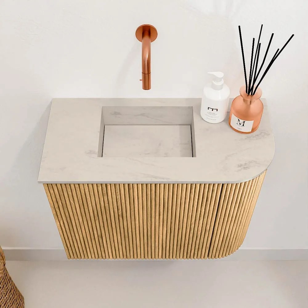 Mondiaz Joya DLux 50cm toiletmeubel ronding rechts oak met wastafel faye links zonder kraangat opalo