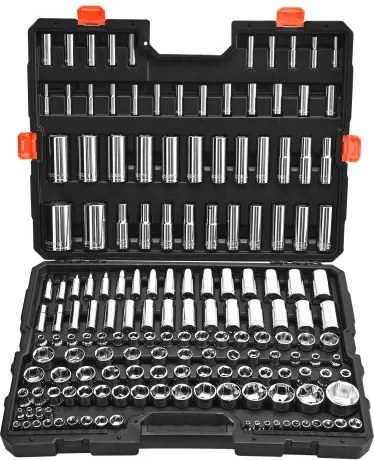 VEVOR 163-delige dopsleutelset, 9,53, 6,4 en 12,7 mm aandrijving dopsleutelset, SAE en metrisch, diep en standaard, met opbergkoffer, verchroomd CR-V-gelegeerd staal