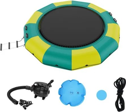 VEVOR Opblaasbare watertrampoline met ladder, waterdicht, slijtvast, watertrampoline 3,66 m groot springoppervlak, springplatform waterpark zwembadtrampoline, geel + groen, draagvermogen 226 kg