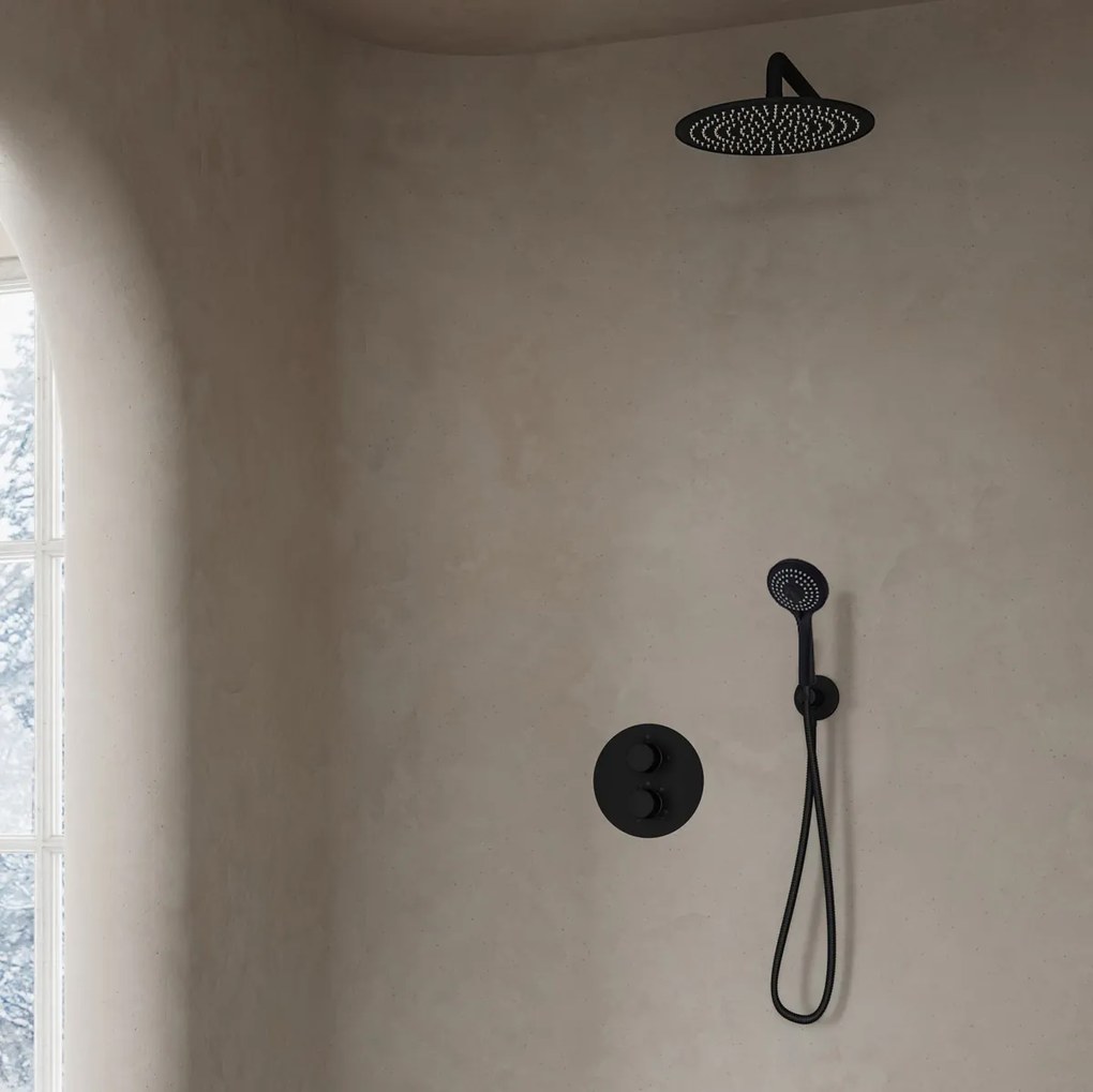 Saniclear Nero inbouwregendouche 20cm rond met wandarm en 3 standen handdouche zwart mat
