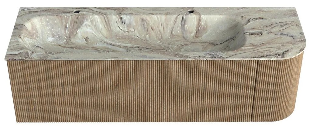 Mondiaz Kurve-dlux 145cm badmeubel ronding rechts dusk met 1 lade en deur en wastafel big large links 2 kraangaten glace