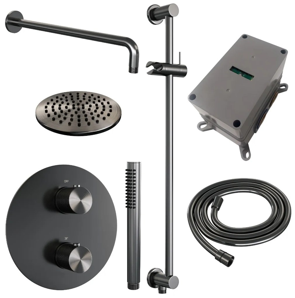 Brauer Gunmetal Carving thermostatische inbouw regendouche met staafhanddouche, gebogen muurarm, glijstang en hoofddouche 20cm set 87 gunmetal geborsteld PVD