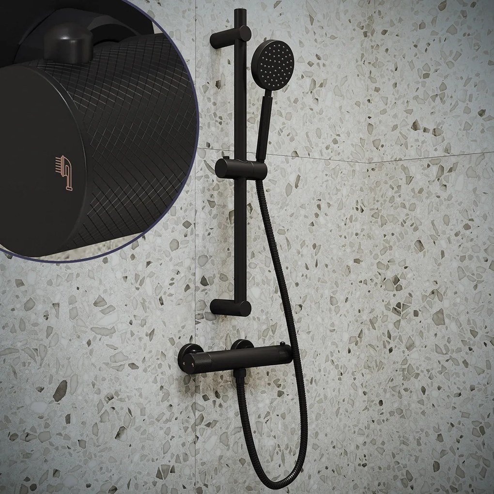 Saniclear Nero Curved doucheset mat zwart met thermostatische kraan, handdouche en glijstang