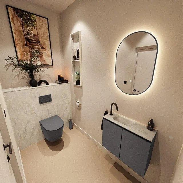 MONDIAZ TURE-DLUX 60cm toiletmeubel Dark Grey. EDEN wastafel Ostra positie links. Met 1 kraangat. TUREDX60DGRL1OST