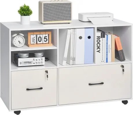 VEVOR Houten archiefkast met 2 lades, mobiele kantoorkast met open planken, afsluitbare zijrolkast met verstelbare planken, printerstandaard voor schoolkantoor, wit