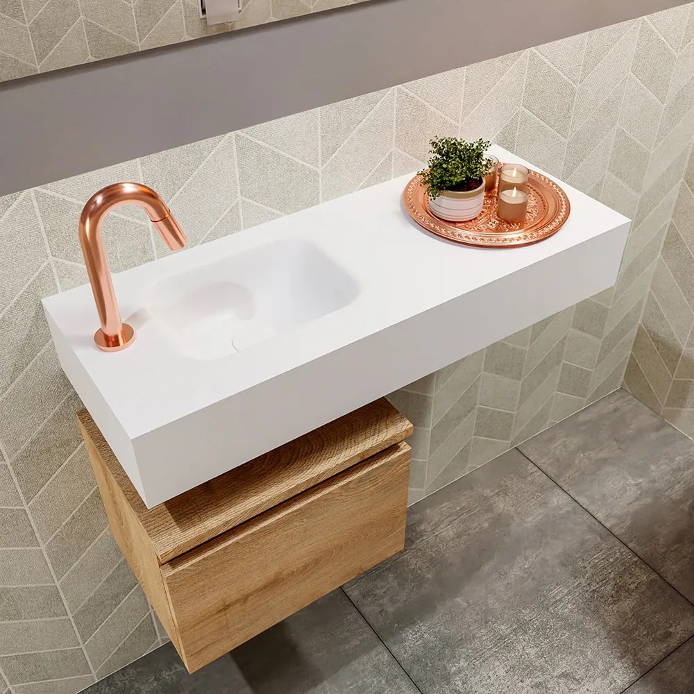 Mondiaz Andor toiletmeubel 40cm eiken met witte wastafel 80cm links met kraangat