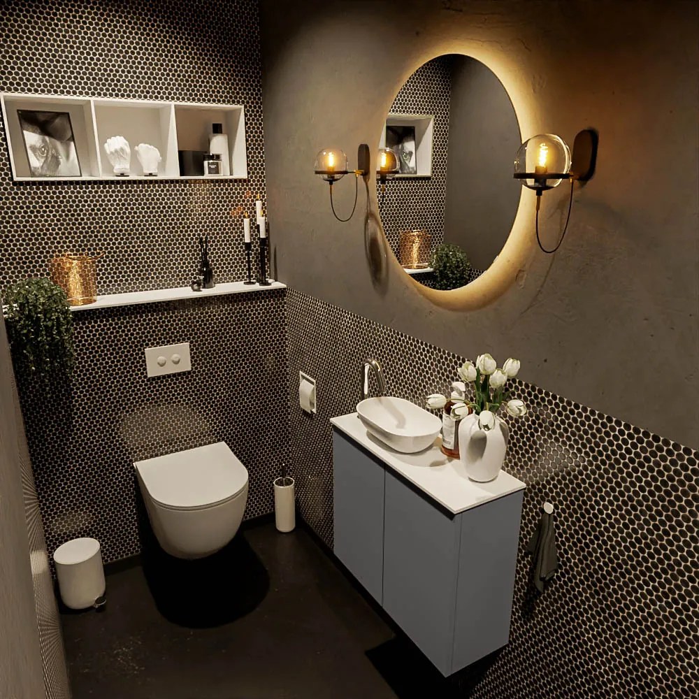 Mondiaz Fowy toiletmeubel 60cm dark grey met witte waskom links en kraangat