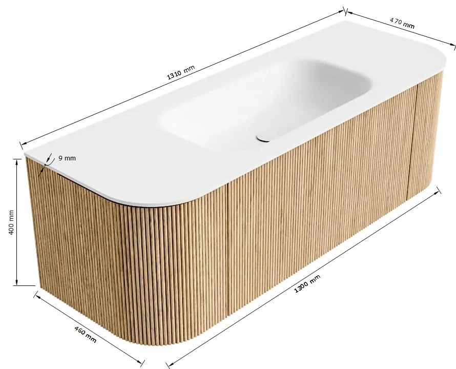 Mondiaz Kurve 130cm badmeubel ronding links/rechts oak met 1 lade en 2 deuren en wastafel big small midden zonder kraangat urban
