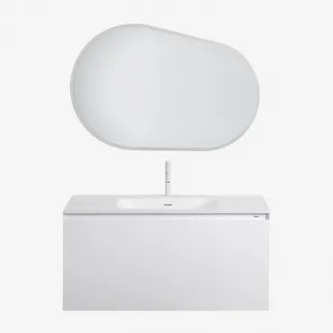 Macrae Zwevend Houten Badkamermeubelset Met Geïntegreerde Wastafel Wit & Ovaal Led En Anticondens 100x80 Cm Riben & Wit ↑20 Cm Met Overloop Aftapventi