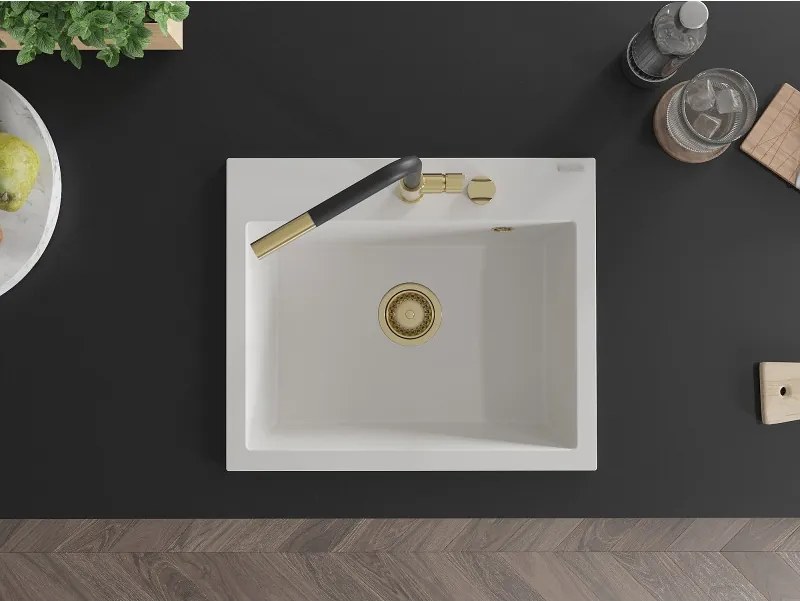 Mexen Oscar granieten gootsteen 1-komers 580 x 490 mm, wit, gouden sifon - 6519581000-20-G
