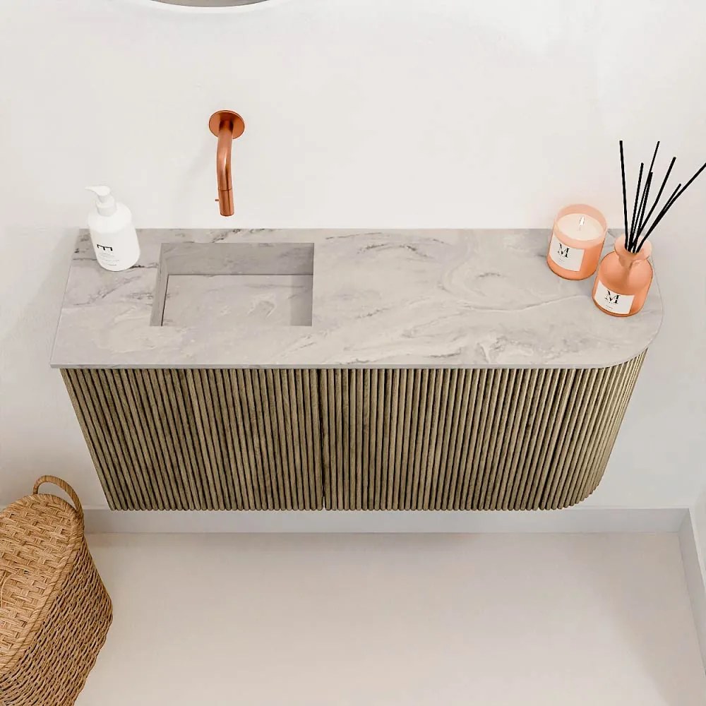 Mondiaz Joya DLux 80cm toiletmeubel ronding rechts dusk met wastafel faye links zonder kraangat glace