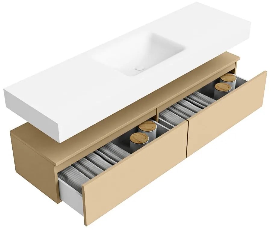 Zaro Alan badmeubel 160cm sand 2 lades met vrijhangende wastafel cloud midden zonder kraangat talc