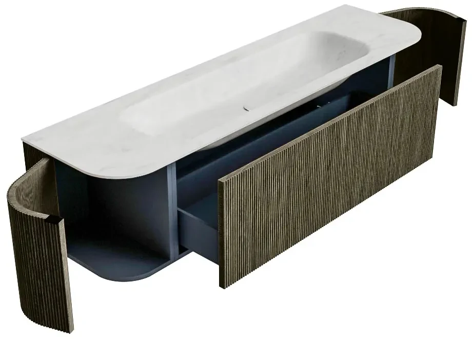 Mondiaz Kurve-dlux 170cm badmeubel ronding links/rechts shadow met 1 lade en 2 deuren en wastafel big large midden 2 kraangaten opalo