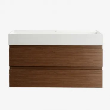 Ona Zwevend Badkamermeubelset Van Hout En Essenfineer Met Geïntegreerde Wastafel Spiegelloze & Zonder Kraan & Donker Hout & ↔︎ 100 Cm - Sklum
