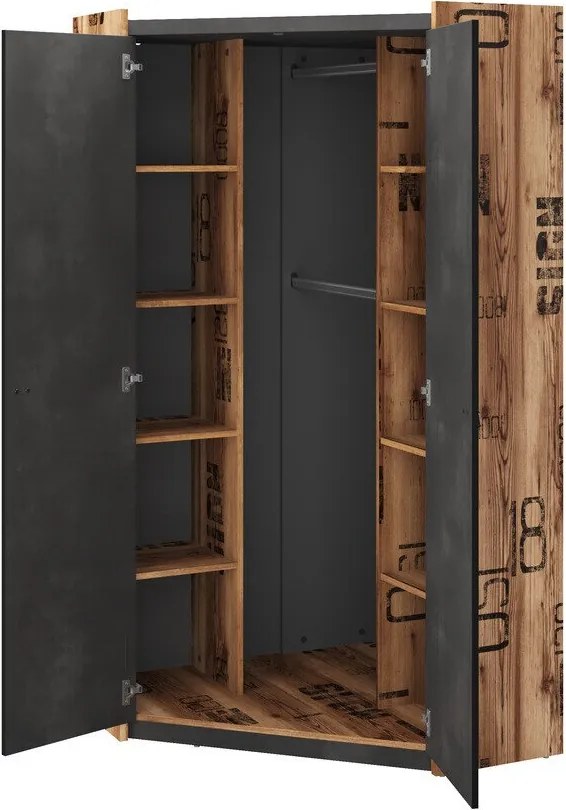 Hoekkledingkast Tivtivi 128, Canyon eiken, Grijs, 191x97x90cm, 97 kg, Kledingkast deuren: Met scharnieren, Aantal planken: 8, Aantal planken: 8