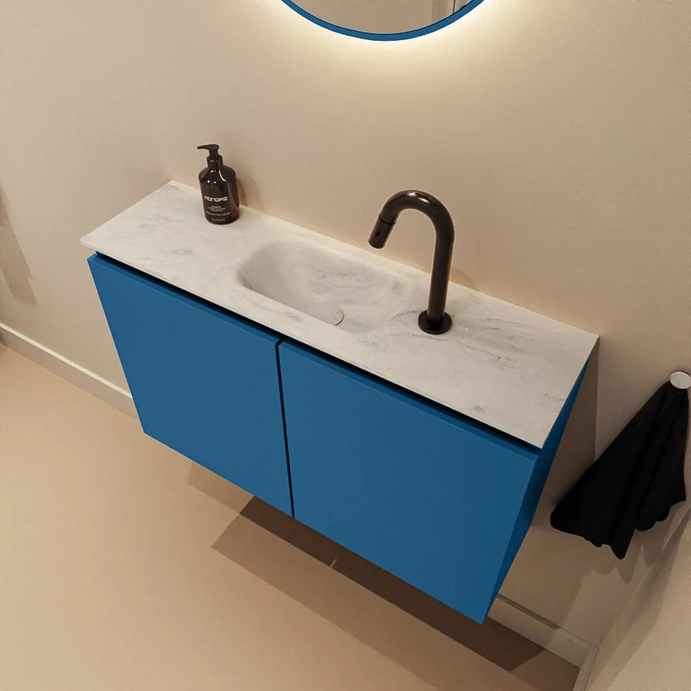 Mondiaz Ture DLux toiletmeubel 80cm jeans met wastafel opalo midden met kraangat