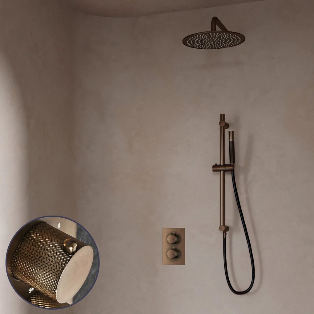 Saniclear Antique Curved Pro inbouw regendouche met 30cm hoofddouche, muurarm en glijstang verouderd messing