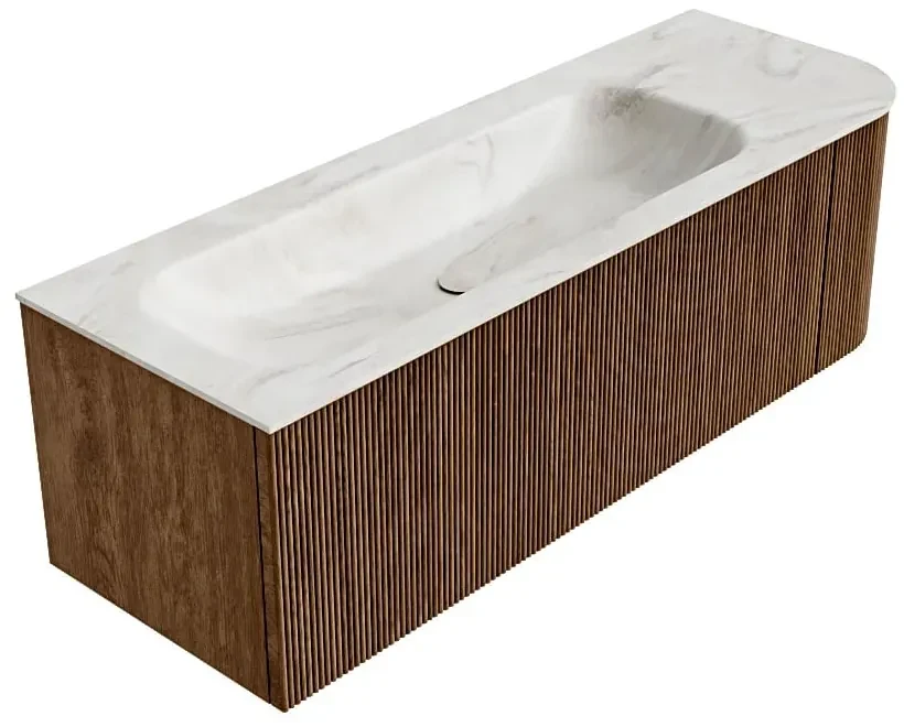 Mondiaz Kurve-dlux 135cm badmeubel ronding rechts walnut met 1 lade en deur en wastafel big medium links zonder kraangat ostra