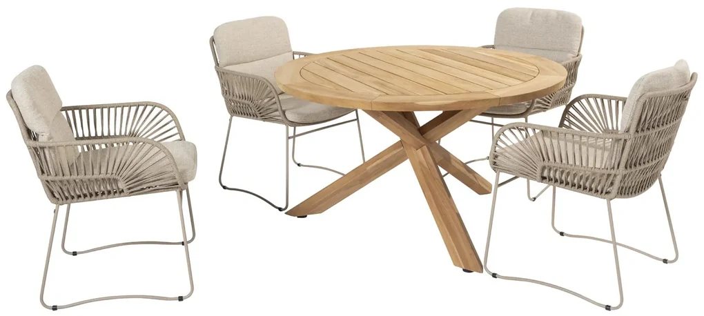 4 Seasons Outdoor Murcia tuinset latte met teak Prado tafel Ø 130 cm Tuinset beige weerbestendig
