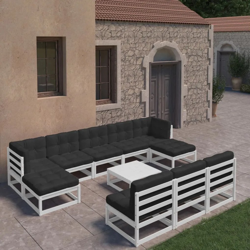 vidaXL 11-delige Loungeset met kussens massief grenenhout wit