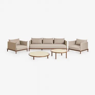 Woonkamerset Met 3-zitsbank, 2 Fauteuils En 2 Ronde Salontafels Van Acaciahout Olivia Beige - Semoline & Donker Acaciabruin - Sklum