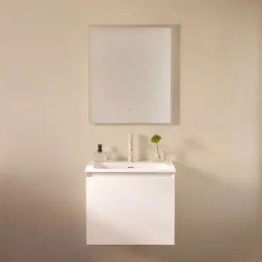 Macrae Zwevend Houten Badkamermeubelset Met Geïntegreerde Wastafel Wit & Rechthoekige Led En Anticondens 60x70 Cm Riben & Tapioca Beige - Sklum