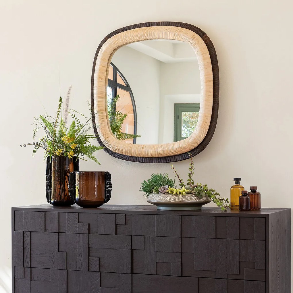 Vierkante spiegel in tweekleurig rotan, hoogte 91 cm, MAE