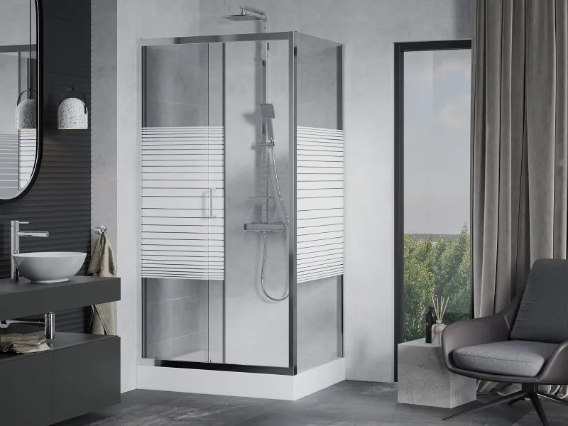 Mexen Apia schuifdouchecabine 100 x 80 cm, witte strepen, chroom + Rio douchebak - 840-100-080-01-20-4510