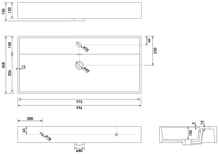 Brauer Gravity enkele wastafel mineraalmarmer 100cm met 1 kraangat wit glans