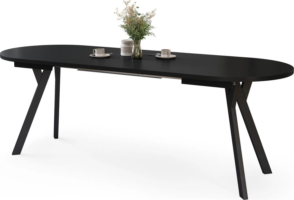 Mazzoni ALMO Zwart mat / zwarte poten - OVALE UITSCHUIFTAFEL 140-240 cm VOOR 10-12 PERSONEN