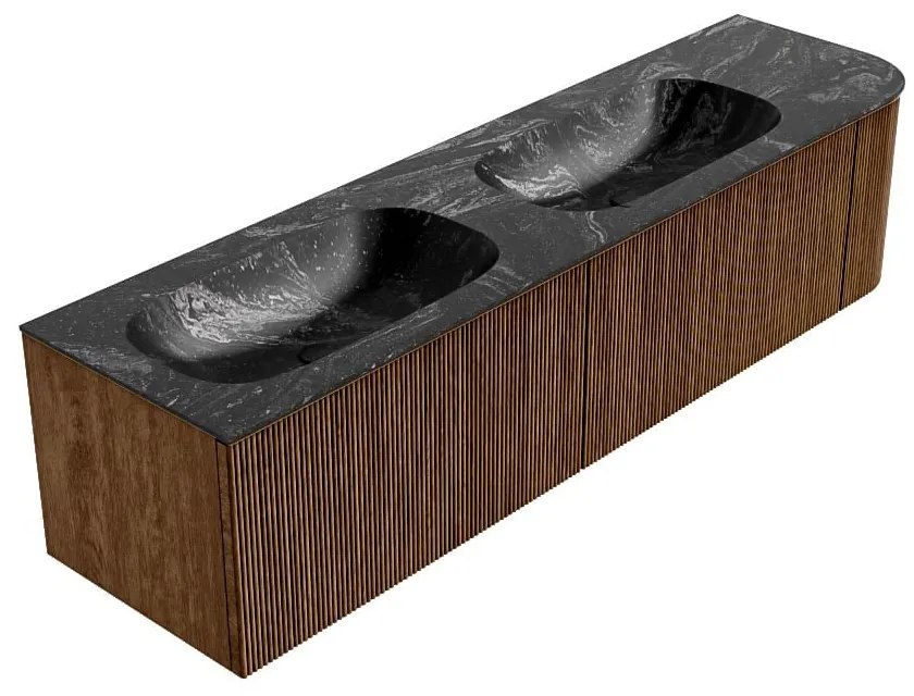 Mondiaz Kurve-dlux 175cm badmeubel ronding rechts walnut met 2 lades en 1 deur en wastafel stor small dubbel/links zonder kraangat lava
